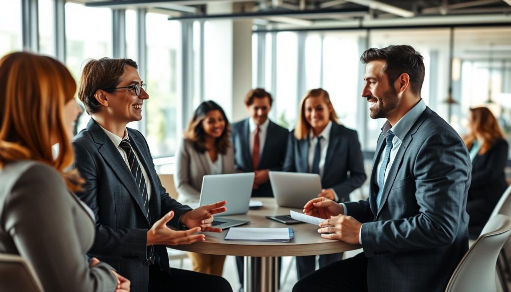 A diverse group of professionals in business attire, actively engaging in a discussion about their experiences with salary portage services. In the foreground, two individuals, one male and one female, both smiling and gesturing, representing satisfied users sharing testimonials. In the middle ground, a round table with paperwork and laptops, symbolizing collaboration and feedback. The background features a modern office environment with large windows letting in natural light, creating a warm and welcoming atmosphere. Soft shadows enhance the focus on the professionals while maintaining a bright and optimistic mood. The overall composition emphasizes community, professionalism, and positivity in the context of salary portage.