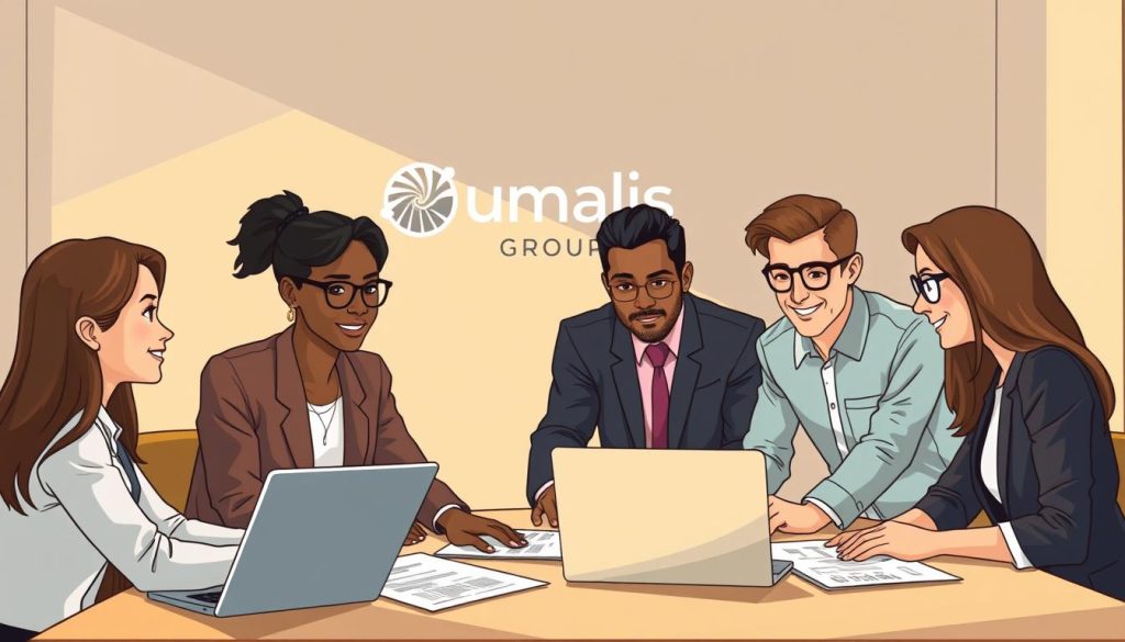 A diverse group of professionals, including a graphic designer, an IT consultant, and a marketing strategist, gathered around a table, collaborating on a project. They are dressed in professional attire, with laptops and documents spread out before them. The scene is bathed in warm, natural lighting, creating a productive and focused atmosphere. The Umalis Group logo is subtly displayed on the wall behind them, signifying the company's support for this portage salarial arrangement. The overall composition conveys a sense of teamwork, innovation, and the flexibility that portage salarial offers to various career paths. A diverse group of professionals, including a graphic designer, an IT consultant, and a marketing strategist, gathered around a table, collaborating on a project. They are dressed in professional attire, with laptops and documents spread out before them. The scene is bathed in warm, natural lighting, creating a productive and focused atmosphere. The Umalis Group logo is subtly displayed on the wall behind them, signifying the company's support for this portage salarial arrangement. The overall composition conveys a sense of teamwork, innovation, and the flexibility that portage salarial offers to various career paths.