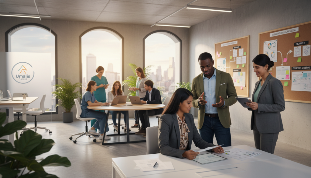 A diverse group of professionals representing the "profil salarié porté" in a modern office setting, showcasing various sectors such as technology, healthcare, and creative industries. In the foreground, a confident woman in a tailored business suit reviews documents on a sleek desk, while a man in smart-casual attire engages in conversation with a colleague. The middle ground features an open-plan workspace with collaborative areas, bright with natural light filtering through large windows. In the background, pinboards display workflow charts emphasizing segmentation. The atmosphere is dynamic and professional, reflecting innovation and teamwork, illuminated by soft, warm lighting. The overall composition is sharp, shot from a slightly elevated angle to capture both personal interactions and a sense of space. Include the logo of Umalis Group subtly integrated into the workspace decor.