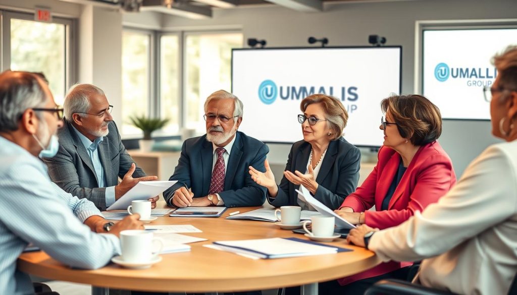 A diverse group of senior professionals engaged in a lively discussion around a conference table, showcasing their experiences with "portage salarial." The foreground should feature a mature man and woman in professional attire, actively sharing insights, while a few other seniors, also dressed smartly, listen attentively. The middle layer fills with documents, laptops, and coffee cups, symbolizing collaboration. In the background, a bright office space with large windows lets in warm, natural lighting, creating an inviting atmosphere. The focus is sharp on the people, with a shallow depth of field softening the background. The overall mood is one of empowerment, sharing, and optimism, reflecting the opportunities available for seniors in this field. Branding subtly integrated with "UMALIS GROUP" logo displayed on a presentation screen.