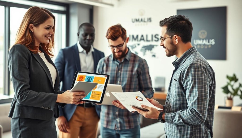 A diverse group of skilled professionals engaged in various freelance activities, representing different sectors in a modern office environment. In the foreground, a businesswoman wearing business attire is discussing projects with a graphic designer, showcasing an array of colorful design mock-ups on a tablet. In the middle, a software developer is working on a laptop, surrounded by technical diagrams and notes. The background features an office space with large windows allowing natural light to flood in, creating a bright and inviting atmosphere. The mood is collaborative and dynamic, emphasizing the professionalism and creativity in freelance work. Subtle branding for "UMALIS GROUP" is visible on a wall, blending seamlessly with the modern decor. The image should be captured with a warm tone and a slight depth of field to focus on the professionals.