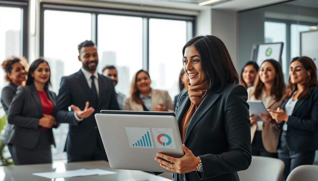 A diverse group of successful independent professionals celebrating their achievements in a modern office setting, wearing smart business attire. In the foreground, a confident woman of Middle-Eastern descent shares her success story with her colleagues, with a laptop displaying graphs and charts in front of her. In the middle, a group of professionals, including a Black man and a Hispanic woman, listening attentively, showcasing camaraderie and teamwork. The background features a large window with city views, bright natural light illuminating the scene, adding a positive and uplifting atmosphere. The mood is inspiring and motivational. Incorporate the brand name "Umalis Group" subtly within the office decor, like on a poster or logo on a laptop.