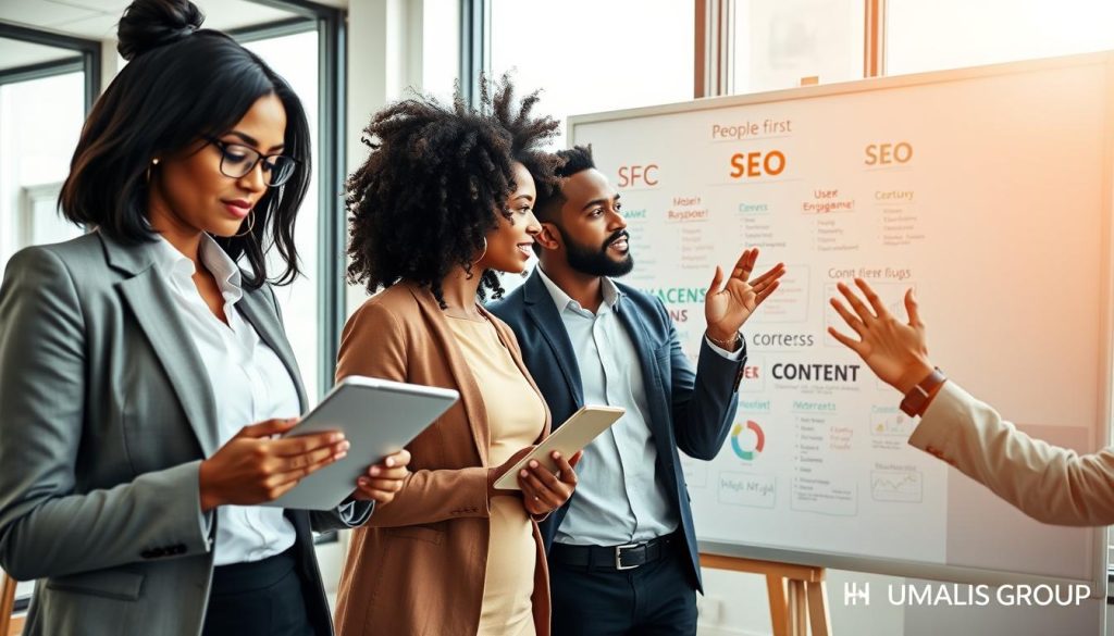 A diverse group of three professionals collaborating in a bright, modern office environment, emphasizing a "people-first" approach to content creation. In the foreground, a woman in smart business attire takes notes on a digital tablet, while a man in a casual but polished outfit gestures enthusiastically, discussing ideas. In the middle ground, a large whiteboard filled with colorful diagrams and keywords related to SEO and user engagement can be seen. The background features large windows letting in natural light, giving a warm, inviting atmosphere. The overall mood is energetic and collaborative, showcasing teamwork and innovation. The image should include subtle branding elements that resonate with "UMALIS GROUP," all without text or overlays.