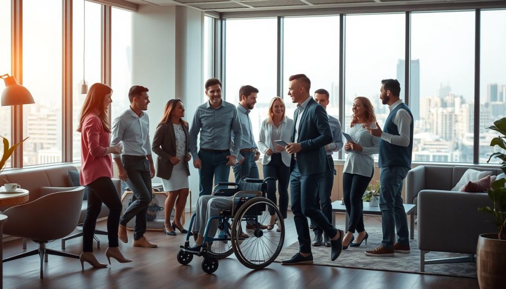 A diverse team of professionals collaborating in a dynamic Umalis Group office setting. A person with a physical disability, using a wheelchair, navigates the space seamlessly, engaging with coworkers in a warm, inclusive atmosphere. Soft, diffused lighting illuminates the scene, highlighting the team's camaraderie and the company's commitment to accessibility. The background features modern decor, sleek furniture, and large windows overlooking a bustling urban landscape, conveying a sense of progress and opportunity. This image reflects the section title, "Handicap et portage salarial: opportunités pour les entreprises", showcasing how the Umalis Group embraces diversity and supports employees with diverse needs through the flexibility of its portage salarial model.