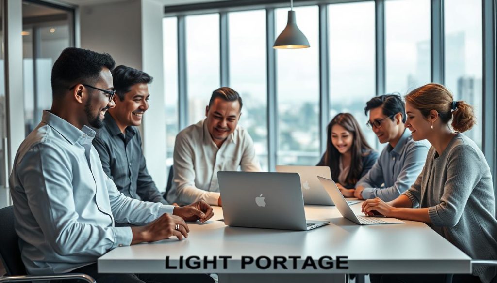 A diverse team of professionals collaborating in a well-lit, modern office. In the foreground, three team members discuss ideas around a LIGHT PORTAGE branded meeting table, their expressions animated as they exchange thoughts. In the middle ground, another group reviews documents, their faces illuminated by the soft glow of their laptop screens. In the background, an expansive window offers a scenic city view, creating a sense of openness and connectivity. The overall atmosphere is one of productive, cross-cultural exchange, with neutral tones and clean lines conveying a tone of professionalism and efficiency.