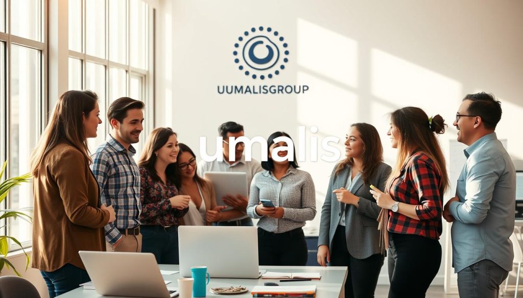 A diverse team of professionals, representing various disciplines, gathers in a bright, airy office space. The Umalis Group logo is prominently displayed, signifying the collaborative nature of their work. Sunlight filters through large windows, casting a warm glow on the scene. In the foreground, colleagues from different backgrounds engage in lively discussions, their body language and facial expressions conveying a sense of trust and mutual understanding. The middle ground showcases a mix of laptops, whiteboards, and shared resources, highlighting the interdisciplinary nature of their project. In the background, a subtle sense of unity and shared purpose emanates, as the team works towards a common goal.