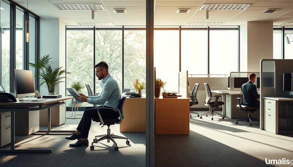 A divided workspace scene illustrating the comparison between "portage salarial" and traditional employment. In the foreground, a professional in business attire is seated at a modern desk, looking unbothered while reviewing documents on a laptop, symbolizing flexibility of portage salarial. Adjacent, a traditional office setup features a worker in formal clothing sitting at a more rigid desk surrounded by cubicles, exuding a more conventional atmosphere. The middle ground bridges the two environments, demonstrating clear division in workspace styles. Soft, natural lighting pours in through large windows, accentuating the contrasting moods of freedom and structure. Capture the essence of a modern corporate environment with a touch of warmth. Include a subtle branding element for "Umalis Group" within the workspace.