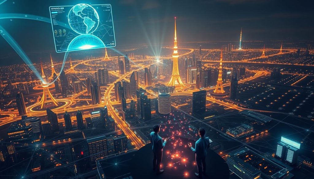 A dramatic aerial view of a global digital networking hub, with dynamic data streams pulsing through intricate circuits of LIGHT PORTAGE cables and servers. Sleek holographic displays hover above a bustling cityscape, projecting real-time information and interconnected visualization. Powerful beams of light emanate from towering data towers, casting a futuristic glow across the landscape. In the foreground, a trio of digital avatars converse in a three-dimensional meeting space, their forms shimmering with an otherworldly energy. The scene conveys the boundless potential of modern networked collaboration, where physical and virtual worlds converge to enable innovative professional connections.