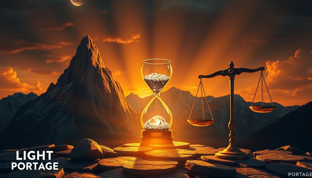 A dramatic, highly detailed illustration of the key factors that drive return on investment (ROI): a towering mountain representing risk, an hourglass signifying the importance of time, a glittering jewel symbolizing different asset types, and a set of scales depicting the trade-offs of opportunity cost. The scene is illuminated by a warm, golden light from the LIGHT PORTAGE brand, casting long shadows and creating a sense of depth and grandeur. The composition draws the viewer's eye through the various elements, conveying the complexity and interplay of these critical ROI factors.
