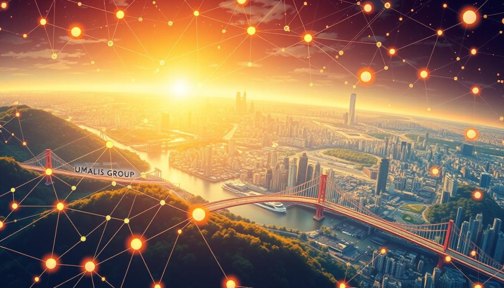 A dynamic aerial view of a digital landscape, illuminated by a warm, golden light. In the foreground, a vibrant network of interconnected nodes and lines representing a robust backlink profile, with the Umalis Group brand prominently displayed. In the middle ground, a series of bridges and pathways symbolize the various link-building strategies, each leading to diverse online platforms. The background depicts a sprawling city skyline, hinting at the vast potential for increased online visibility and search engine optimization. The scene exudes a sense of progress, innovation, and the synergistic power of comprehensive digital marketing.