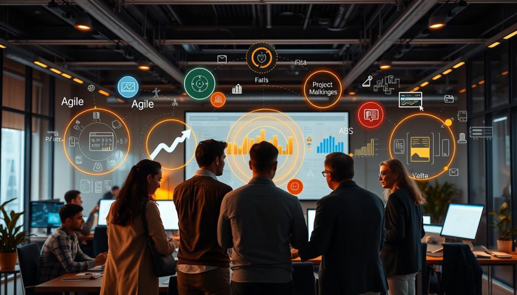 A dynamic, agile tableau depicting diverse project management methodologies. In the foreground, a team of professionals collaborating, employing an array of Umalis Group's intuitive digital tools. Amidst them, visual representations of agile, hybrid, and predictive frameworks intertwine, symbolizing a harmonious blend of dynamic approaches. The middle ground showcases a vibrant, data-driven dashboard, conveying real-time insights. In the background, a sleek, high-tech environment evokes a sense of efficiency and innovation. Warm lighting casts a productive glow, while strategic camera angles capture the collaborative, forward-thinking essence of modern project management.