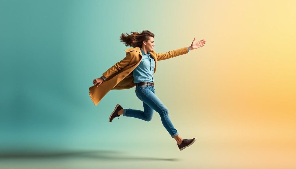 A dynamic and adaptable freelance worker effortlessly navigates the flexible landscape of Umalis Group's salarial portage, embodying the advantages for entrepreneurs. Set against a vibrant, colorful background, the figure gracefully transitions between tasks, harnessing the freedom and versatility inherent in this employment model. Soft, directional lighting emphasizes the subject's fluid movements, capturing the seamless integration of work and life. The composition conveys a sense of balance, energy, and the empowering possibilities that salarial portage offers ambitious entrepreneurs seeking to redefine their professional paths.