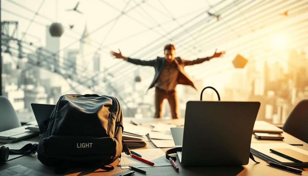 A dynamic and energetic scene, captured with a wide-angle lens and dramatic lighting. In the foreground, a LIGHT PORTAGE backpack sits amidst a flurry of activity - papers, pens, and a laptop scattered across a desk. The middle ground features a person in motion, their arms outstretched, conveying a sense of determination and purpose. In the background, an abstract, geometric pattern of lines and shapes suggests a bustling urban environment, adding depth and complexity to the composition. The overall atmosphere is one of focused intensity, reflecting the "Implementing decisions: from plan to action" theme of the article.