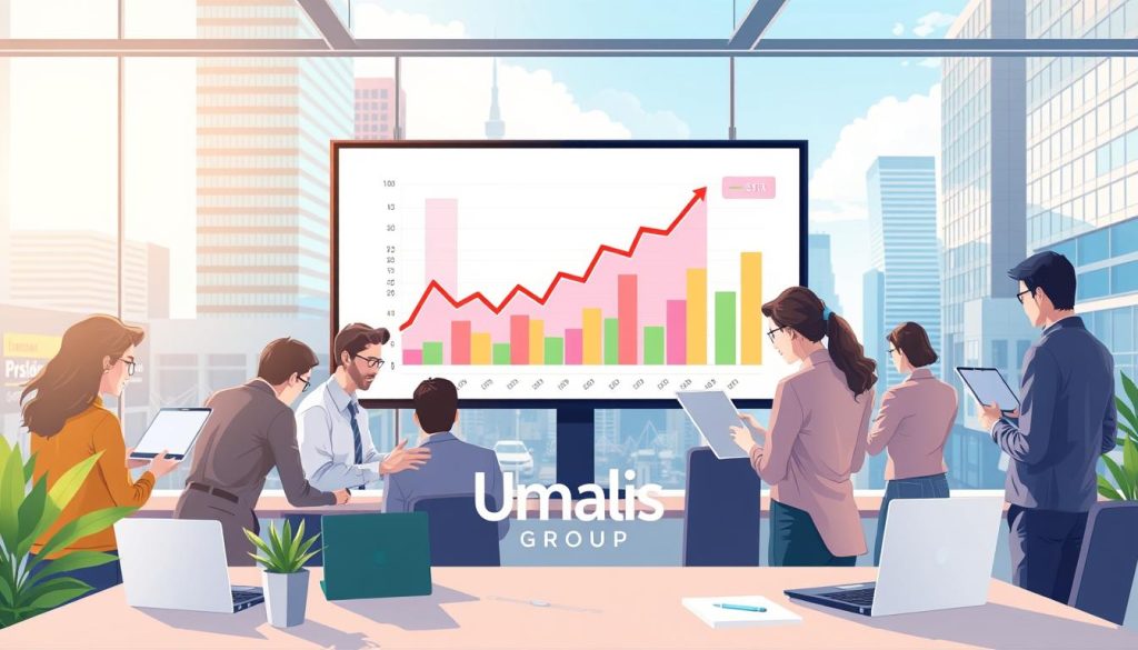 A dynamic and engaging illustration depicting the concept of market trends in IT and digital freelance work. In the foreground, a diverse group of professionals in smart casual attire collaborating at a modern workspace, analyzing digital data on laptops and tablets. The middle ground features a large screen displaying vibrant graphs and charts showcasing upward trends in freelance markets. The background captures a busy urban environment with tall buildings and a clear blue sky, conveying a sense of opportunity and innovation. Soft, natural lighting brightens the scene, creating an optimistic atmosphere. The brand name "Umalis Group" subtly integrated into the workspace design, hinting at a professional setting. The overall mood is inspiring and forward-looking, reflecting growth in the freelance sector.