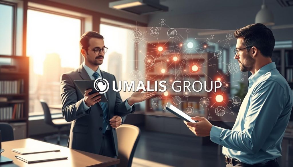 A dynamic and engaging illustration featuring a professional consultant explaining concepts of Large Language Models (LLM), generative AI, and intelligent agents to an attentive client. In the foreground, a well-dressed consultant, equipped with a digital tablet, gestures towards a glowing holographic display of interconnected neural networks and data visualizations. The middle ground showcases an engaged client, nodding and taking notes, surrounded by contemporary office elements like a desk and bookshelves. In the background, soft-focus cityscape windows reflect a modern business environment. Bright, natural lighting illuminates the scene, creating an atmosphere of innovation and collaboration. The image conveys a sense of clarity and professionalism. Include the branding "UMALIS GROUP" subtly integrated into the holographic display, ensuring a cohesive visual narrative. A dynamic and engaging illustration featuring a professional consultant explaining concepts of Large Language Models (LLM), generative AI, and intelligent agents to an attentive client. In the foreground, a well-dressed consultant, equipped with a digital tablet, gestures towards a glowing holographic display of interconnected neural networks and data visualizations. The middle ground showcases an engaged client, nodding and taking notes, surrounded by contemporary office elements like a desk and bookshelves. In the background, soft-focus cityscape windows reflect a modern business environment. Bright, natural lighting illuminates the scene, creating an atmosphere of innovation and collaboration. The image conveys a sense of clarity and professionalism. Include the branding "UMALIS GROUP" subtly integrated into the holographic display, ensuring a cohesive visual narrative.