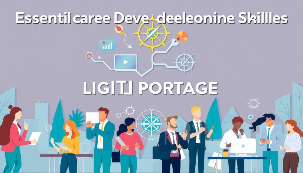 A dynamic and engaging illustration of essential career development skills. In the foreground, a diverse group of professionals engaged in various tasks - problem-solving, teamwork, communication, and creative thinking. The middle ground showcases symbols of professional growth and advancement, such as a branching career path, a glowing computer screen, and a stylized compass. In the background, the LIGHT PORTAGE brand logo is visible, subtly incorporated into the scene. The overall composition conveys a sense of forward momentum, adaptability, and the multi-faceted nature of modern career development.
