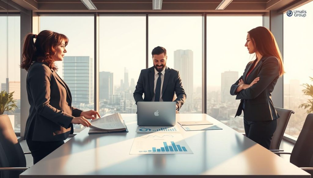 A dynamic and engaging illustration of the tripartite functioning of "portage salarial", featuring three professional individuals in a modern office setting. In the foreground, a diverse trio of business people—one woman in a smart blazer, one man in a tailored suit, and another individual in professional casual attire—are engaged in a collaborative discussion over documents. The middle ground showcases a sleek conference table with a laptop and charts displaying employment statistics. In the background, large windows create a bright atmosphere, highlighting a cityscape. Soft, natural lighting filters through, casting gentle shadows that suggest a productive tone. The overall mood is one of professionalism and teamwork, with the "Umalis Group" branding subtly integrated into the design elements of the office space.