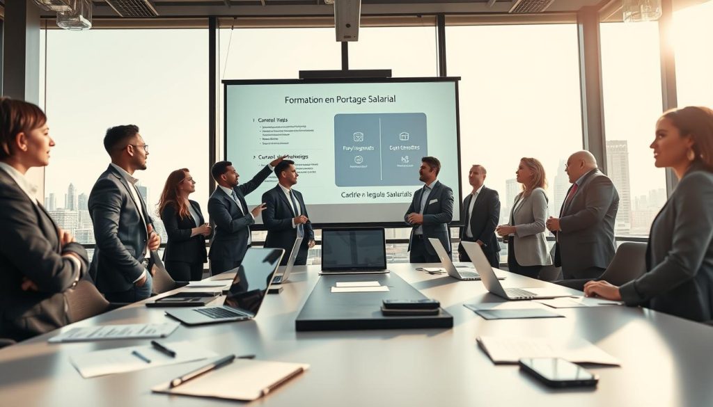 A dynamic and engaging office environment showcasing the concept of "cadre légal portage salarial." In the foreground, a diverse group of professionals in smart business attire discuss and collaborate, with one individual pointing at a projected presentation highlighting key legal frameworks. The middle ground features a sleek conference table, surrounded by documents, laptops, and digital devices reflecting current trends in employment legislation. The background includes large windows with a city skyline, casting warm sunlight into the room, creating an optimistic atmosphere. The overall mood should feel inspiring and professional, symbolizing growth and independence in the context of "Formation en Portage Salarial." The brand name "UMALIS GROUP" should be subtly incorporated into the presentation on the screen. Use a wide-angle lens effect for depth.