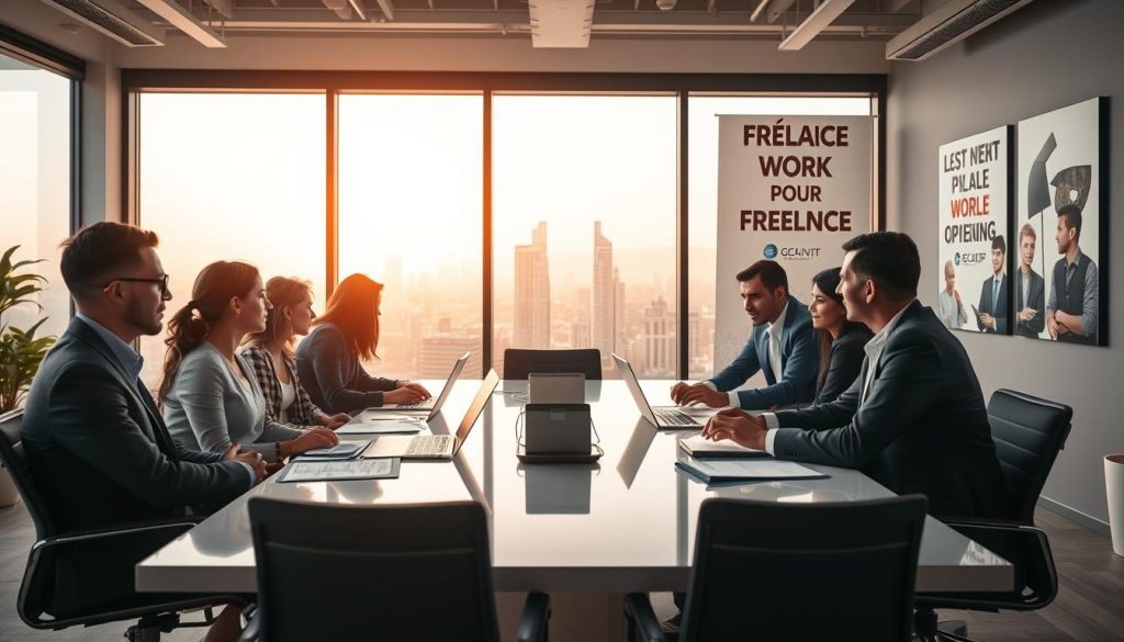 A dynamic and engaging scene depicting the concept of "Opportunités portage salarial pour freelances." In the foreground, a diverse group of professionals in business attire, representing freelancers and service companies (ESN), engage in meaningful discussions around a sleek conference table filled with laptops and documents. In the middle ground, a modern office environment featuring large windows showcasing a city skyline, symbolizing opportunity and growth. The background highlights motivational posters related to freelance work and collaboration, creating an inspiring atmosphere. Soft, natural lighting filters through the windows, casting warm hues across the space. The image subtly incorporates the brand name "UMALIS GROUP" in the background as part of the office decor, enhancing the theme of security and career advancement. The mood is positive and forward-looking, capturing the essence of opportunities in the freelance market.