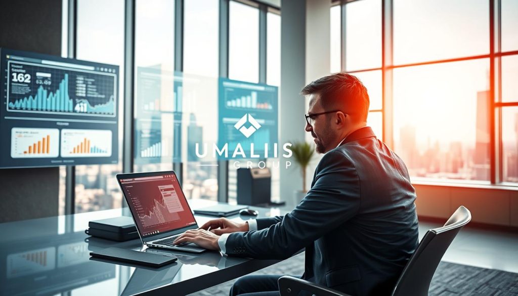 A dynamic and engaging scene showcasing a marketing consultant in a modern office environment, representing "Offre de conseil augmentée par des outils numériques." In the foreground, a professional consultant, dressed in smart business attire, is seated at a sleek desk, working on a laptop displaying digital analytics and marketing strategies powered by AI. The middle ground features interactive digital screens showcasing graphs and innovative marketing tools, emphasizing the integration of technology in consulting services. In the background, large windows reveal a city skyline, flooding the room with natural light, creating an inspiring atmosphere. Warm, vibrant colors enhance a sense of innovation and professionalism. The logo "UMALIS GROUP" is subtly integrated into the digital displays, reinforcing the theme of augmented services in marketing consultancy. A dynamic and engaging scene showcasing a marketing consultant in a modern office environment, representing "Offre de conseil augmentée par des outils numériques." In the foreground, a professional consultant, dressed in smart business attire, is seated at a sleek desk, working on a laptop displaying digital analytics and marketing strategies powered by AI. The middle ground features interactive digital screens showcasing graphs and innovative marketing tools, emphasizing the integration of technology in consulting services. In the background, large windows reveal a city skyline, flooding the room with natural light, creating an inspiring atmosphere. Warm, vibrant colors enhance a sense of innovation and professionalism. The logo "UMALIS GROUP" is subtly integrated into the digital displays, reinforcing the theme of augmented services in marketing consultancy.