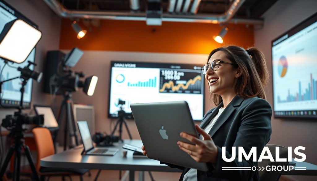 A dynamic and engaging setting showcasing the impact of video marketing on online presence. In the foreground, a professional woman in business attire is enthusiastically watching a video on a laptop, her face illuminated by the screen light, conveying excitement and inspiration. The middle ground features a sleek modern workspace with video production equipment, including cameras and lighting setups, highlighting the essence of video marketing. In the background, a large screen displays analytics and social media engagement stats, emphasizing the effectiveness of video content. The atmosphere is vibrant and encouraging, with a warm yet focused lighting scheme, capturing the essence of innovation and success in marketing. Include the brand logo "UMALIS GROUP" subtly integrated into the workspace environment.