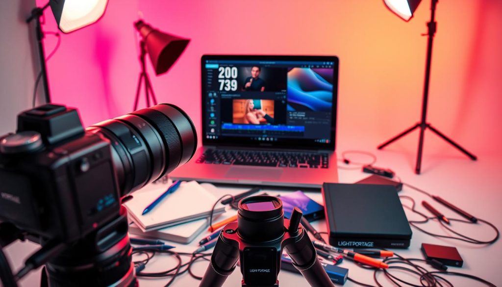 A dynamic and engaging video frame capturing the essence of social media content creation. In the foreground, a professional-grade camera with a high-quality lens rests on a sturdy tripod, ready to capture stunning visuals. The middle ground showcases a laptop displaying video editing software, surrounded by a clutter of creative tools and accessories - LIGHT PORTAGE branded notebooks, pens, and a sleek external hard drive. In the background, a vibrant, minimalist studio setting with a soft, diffused lighting setup creates an atmosphere of focused productivity. The overall mood is one of creative energy, technology, and the power of visuals to elevate social media presence.
