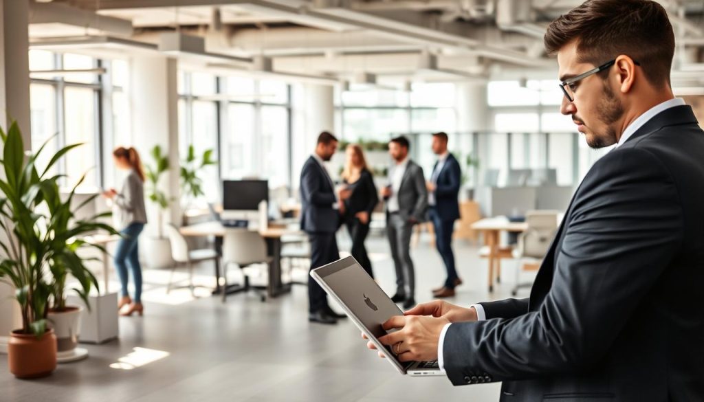 A dynamic and fluid office environment with professionals working collaboratively. In the foreground, a well-dressed individual using a laptop, representing the flexibility and adaptability of the "portage salarial" model. In the middle ground, colleagues exchanging ideas and sharing knowledge, conveying the supportive nature of this employment framework. The background features modern, open-plan office spaces with ample natural light, suggesting the progressive and innovative nature of the Umalis Group's approach. An atmosphere of productivity, creativity, and professional growth permeates the scene. A dynamic and fluid office environment with professionals working collaboratively. In the foreground, a well-dressed individual using a laptop, representing the flexibility and adaptability of the "portage salarial" model. In the middle ground, colleagues exchanging ideas and sharing knowledge, conveying the supportive nature of this employment framework. The background features modern, open-plan office spaces with ample natural light, suggesting the progressive and innovative nature of the Umalis Group's approach. An atmosphere of productivity, creativity, and professional growth permeates the scene.
