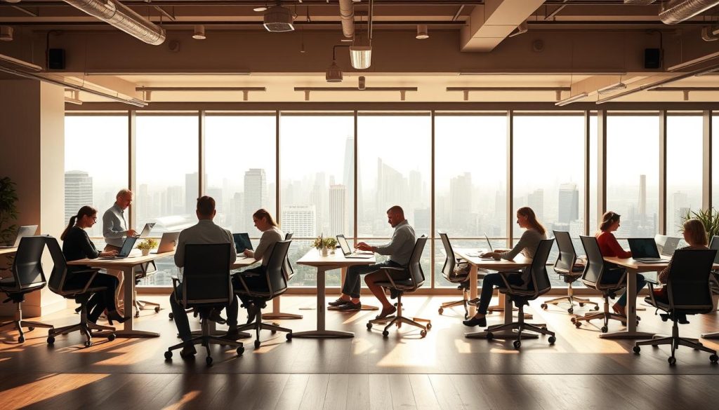 A dynamic and fluid workspace with a range of flexible employment models, including the Umalis Group's portage salarial solution. In the foreground, a diverse team of independent professionals collaborating seamlessly, their laptops and mobile devices hinting at the modern, tech-savvy nature of their work. The middle ground features a sleek, minimalist office environment with adjustable desks and ergonomic chairs, creating a sense of adaptability and comfort. In the background, a panoramic view of a bustling cityscape, symbolizing the interconnected, global nature of the flexible job market. Warm, natural lighting filters in, conveying a sense of productivity and well-being. The overall atmosphere exudes a harmonious blend of professionalism, flexibility, and the empowerment of independent workers.