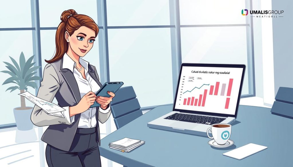 A dynamic and informative illustration depicting the concept of "Calcul du taux journalier moyen en portage salarial." In the foreground, a confident businesswoman, dressed in professional attire, examines financial documents and a calculator, with a focused expression. In the middle ground, a sophisticated desk holds a laptop displaying charts and graphs about salary calculations, along with a coffee cup, symbolizing a productive workspace. The background features a sleek, modern office environment with large windows allowing natural light to flood in, creating an inviting atmosphere. The overall mood should be one of empowerment and clarity, capturing the essence of calculating daily rates in a freelance employment setting. Include subtle branding elements of "UMALIS GROUP" within the office decor.