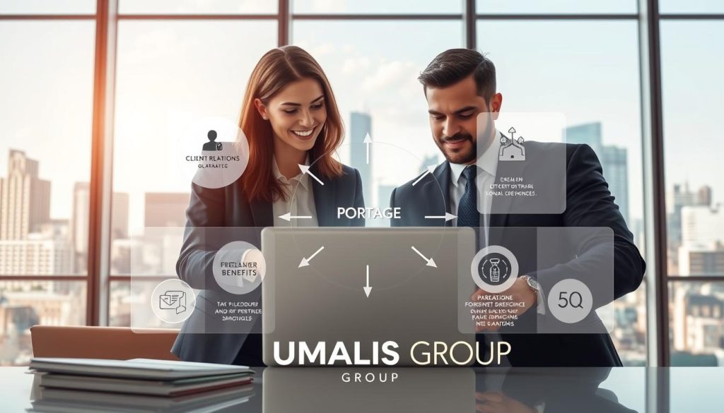 A dynamic and informative illustration depicting the concept of "portage salarial" in a modern, professional context. In the foreground, showcase two business professionals, a woman and a man, discussing over a laptop in a bright office environment. They are dressed in smart business attire, highlighting collaboration and professionalism. In the middle ground, display a transparent infographic-style diagram illustrating the key components of "portage salarial," with elements like client relations, freelancer benefits, and tax considerations. In the background, add a city skyline through large windows, suggesting a bustling business atmosphere. Use soft, natural lighting to convey a sense of clarity and focus, enhancing the overall mood of professionalism and innovation. Include the brand logo "UMALIS GROUP" subtly in the design.