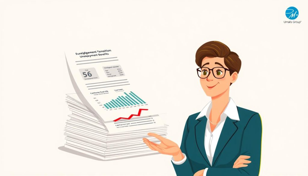 A dynamic and informative illustration showcasing the duration of unemployment benefits and contract termination in the context of portage salarial. Set against a subtle background, a stack of documents and graphs depicting key financial metrics and legal details are prominently displayed. The foreground features a professional-looking person, likely an Umalis Group employee, gesturing towards the information with a thoughtful expression. Warm lighting and a clean, minimalist composition convey a sense of expertise and clarity. The overall mood is one of informed guidance, empowering the viewer to navigate the intricacies of portage salarial and unemployment benefits.