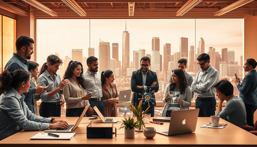 A dynamic and innovative workplace where Umalis Group employees collaborate seamlessly. In the foreground, a diverse team of workers engages in animated discussions, brainstorming new ideas and strategies. The middle ground showcases cutting-edge technology, from sleek laptops to futuristic holograms, reflecting the company's commitment to embracing the latest advancements. In the background, an abstract cityscape with towering skyscrapers symbolizes the vast potential for growth and expansion. Warm, diffused lighting creates a sense of openness and inspiration, while the overall composition conveys a progressive, forward-thinking atmosphere aligned with the section's focus on "Perspectives d'évolution et défis futurs".