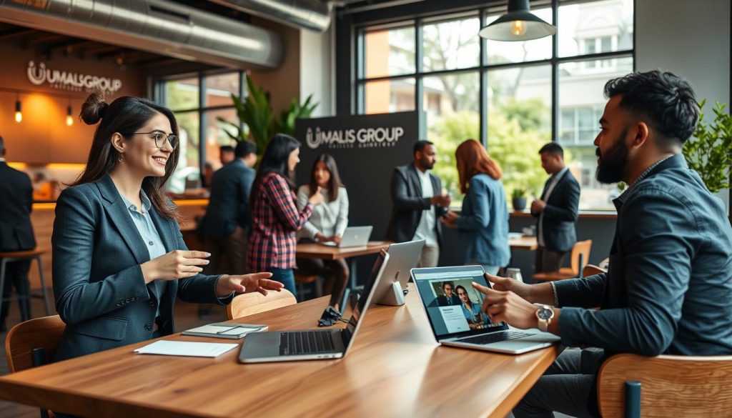 A dynamic and inspiring workspace scene featuring a diverse group of freelance professionals engaged in networking activities. In the foreground, a confident woman in business attire is chatting with a young man in smart casual clothing at a modern café table, exchanging ideas and business cards. The middle ground showcases a small group of individuals collaborating, pointing at a laptop screen displaying project details, while others casually converse. The background highlights a stylish urban café with large windows letting in warm, natural light, and greenery visible outside. The atmosphere is vibrant and motivational, reflecting the energy of a freelance community, with the brand name "UMALIS GROUP" subtly incorporated into the café's decor. The perspective is slightly elevated, capturing the essence of collaboration and opportunity. A dynamic and inspiring workspace scene featuring a diverse group of freelance professionals engaged in networking activities. In the foreground, a confident woman in business attire is chatting with a young man in smart casual clothing at a modern café table, exchanging ideas and business cards. The middle ground showcases a small group of individuals collaborating, pointing at a laptop screen displaying project details, while others casually converse. The background highlights a stylish urban café with large windows letting in warm, natural light, and greenery visible outside. The atmosphere is vibrant and motivational, reflecting the energy of a freelance community, with the brand name "UMALIS GROUP" subtly incorporated into the café's decor. The perspective is slightly elevated, capturing the essence of collaboration and opportunity.
