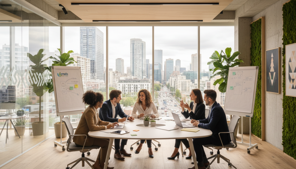 A dynamic and modern workspace reflecting "flexibilité portage salarial missions". In the foreground, a diverse group of young professionals in smart casual business attire are engaging in a brainstorming session, surrounded by laptops and digital devices. In the middle, a large, transparent glass window shows a bustling cityscape, symbolizing opportunities for growth and evolution. The background features a stylish, contemporary office with greenery and motivational art. Soft, natural lighting streams through the window, creating a warm, inspiring atmosphere. The focus is on collaboration and innovation, capturing the essence of professional flexibility. The Umalis Group logo is subtly integrated into the workspace design, enhancing the corporate context. The overall mood is one of optimism and forward-thinking, showcasing the potential for stable career paths in today’s market.