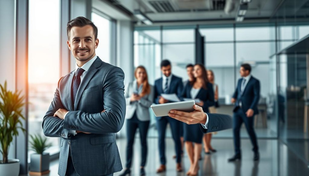 A dynamic and professional business scene showcasing the advantages and security of Umalis Group's salarial portage services. In the foreground, a confident executive in a crisp suit gestures towards a sleek tablet, highlighting key benefits. The middle ground features a team of diverse professionals collaborating, conveying the sense of security and support provided by the salarial portage model. The background depicts a modern office environment with floor-to-ceiling windows, evoking an atmosphere of innovation and trust. Soft, directional lighting accentuates the professionalism and reliability of Umalis Group's salarial portage offering. A dynamic and professional business scene showcasing the advantages and security of Umalis Group's salarial portage services. In the foreground, a confident executive in a crisp suit gestures towards a sleek tablet, highlighting key benefits. The middle ground features a team of diverse professionals collaborating, conveying the sense of security and support provided by the salarial portage model. The background depicts a modern office environment with floor-to-ceiling windows, evoking an atmosphere of innovation and trust. Soft, directional lighting accentuates the professionalism and reliability of Umalis Group's salarial portage offering.
