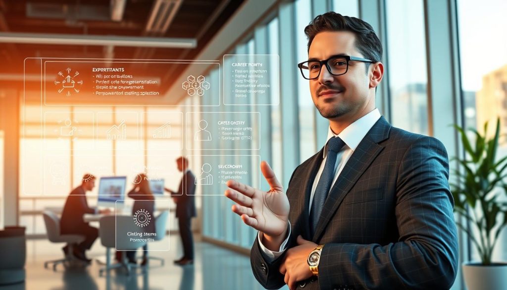 A dynamic and professional-looking montage showcasing the expertise and skill development capabilities of the Umalis Group's client-centric staffing solutions. In the foreground, a well-dressed executive gestures confidently, surrounded by holographic displays highlighting key competencies and career growth metrics. The middle ground features a team of consultants collaborating on a complex project, utilizing cutting-edge technologies. The background depicts a sleek, minimalist office environment with floor-to-ceiling windows, bathed in warm, natural lighting that creates a sense of professionalism and innovation. The overall mood conveys the Umalis Group's commitment to empowering their clients through specialized expertise and continuous skill development. A dynamic and professional-looking montage showcasing the expertise and skill development capabilities of the Umalis Group's client-centric staffing solutions. In the foreground, a well-dressed executive gestures confidently, surrounded by holographic displays highlighting key competencies and career growth metrics. The middle ground features a team of consultants collaborating on a complex project, utilizing cutting-edge technologies. The background depicts a sleek, minimalist office environment with floor-to-ceiling windows, bathed in warm, natural lighting that creates a sense of professionalism and innovation. The overall mood conveys the Umalis Group's commitment to empowering their clients through specialized expertise and continuous skill development.