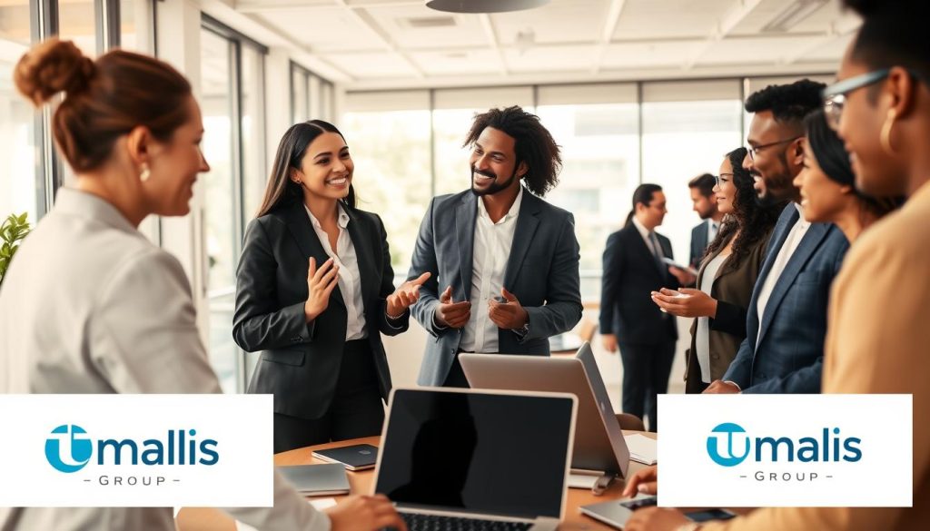A dynamic and professional networking scene, capturing a diverse group of individuals engaged in conversation, showcasing collaborative energy. In the foreground, a confident woman in smart business attire is exchanging ideas with a man in a tailored suit, both smiling and gesturing towards a digital device displaying a network map. In the middle, a round table is adorned with laptops and professional materials, hinting at a brainstorming session. The background features a modern office environment with large windows, allowing natural light to flood the space, creating an inviting atmosphere. The mood is warm and encouraging, emphasizing growth and connection within the professional realm of portage salarial. Include subtle branding elements associated with Umalis Group subtly integrated into the environment without text. A dynamic and professional networking scene, capturing a diverse group of individuals engaged in conversation, showcasing collaborative energy. In the foreground, a confident woman in smart business attire is exchanging ideas with a man in a tailored suit, both smiling and gesturing towards a digital device displaying a network map. In the middle, a round table is adorned with laptops and professional materials, hinting at a brainstorming session. The background features a modern office environment with large windows, allowing natural light to flood the space, creating an inviting atmosphere. The mood is warm and encouraging, emphasizing growth and connection within the professional realm of portage salarial. Include subtle branding elements associated with Umalis Group subtly integrated into the environment without text.