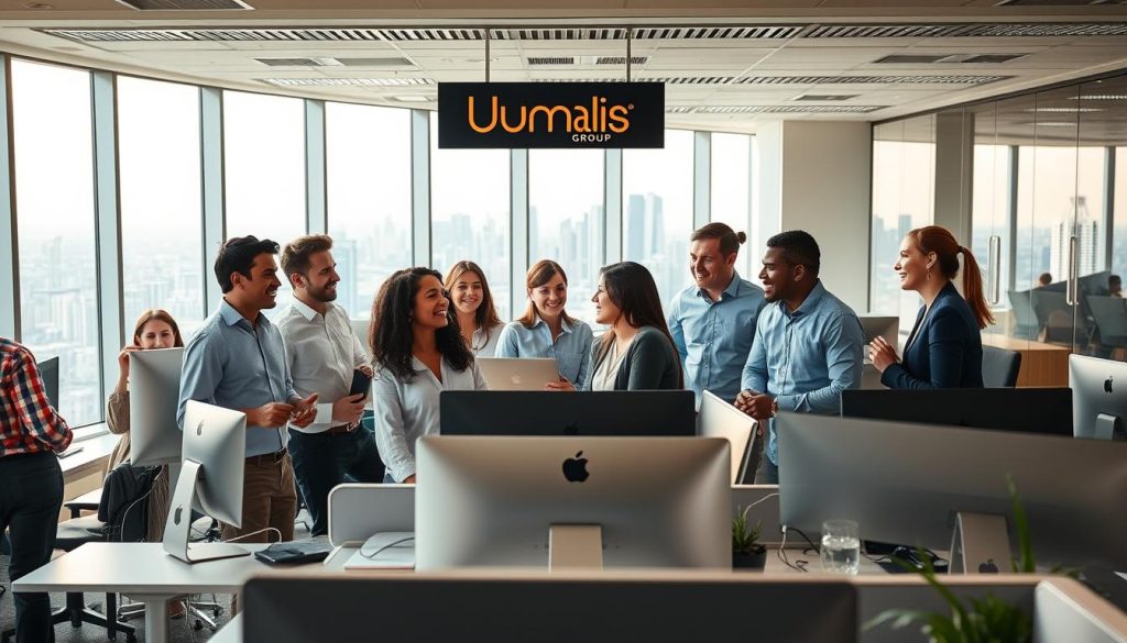 A dynamic and professional office environment, featuring a team of happy, motivated professionals collaborating under the Umalis Group brand. In the foreground, a diverse group of individuals are engaged in animated discussions, their body language conveying a sense of camaraderie and productivity. In the middle ground, modern, well-equipped workstations with sleek, minimalist design create an atmosphere of efficiency and innovation. The background showcases a panoramic view of a vibrant city skyline, bathed in warm, natural lighting that imbues the scene with a sense of energy and opportunity. Overall, the image conveys the flexibility, security, and benefits of the Umalis Group's 'portage salarial' offering for professionals.