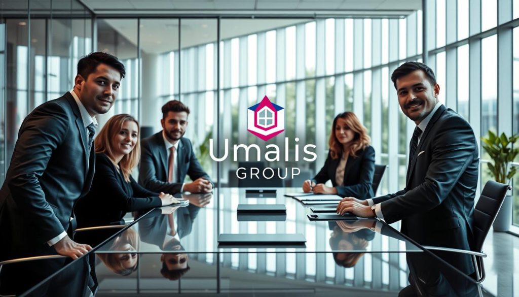 A dynamic and professional office setting, showcasing the leading enterprises in the salarial portage industry. In the foreground, smartly dressed business executives collaborate at a sleek conference table, their expressions conveying authority and expertise. The middle ground features the Umalis Group logo prominently displayed, representing one of the dominant players in the sector. The background is filled with floor-to-ceiling windows, allowing natural light to flood the space and create a sense of openness and modernity. The overall scene exudes an atmosphere of success, innovation, and the collective power of the salarial portage industry.