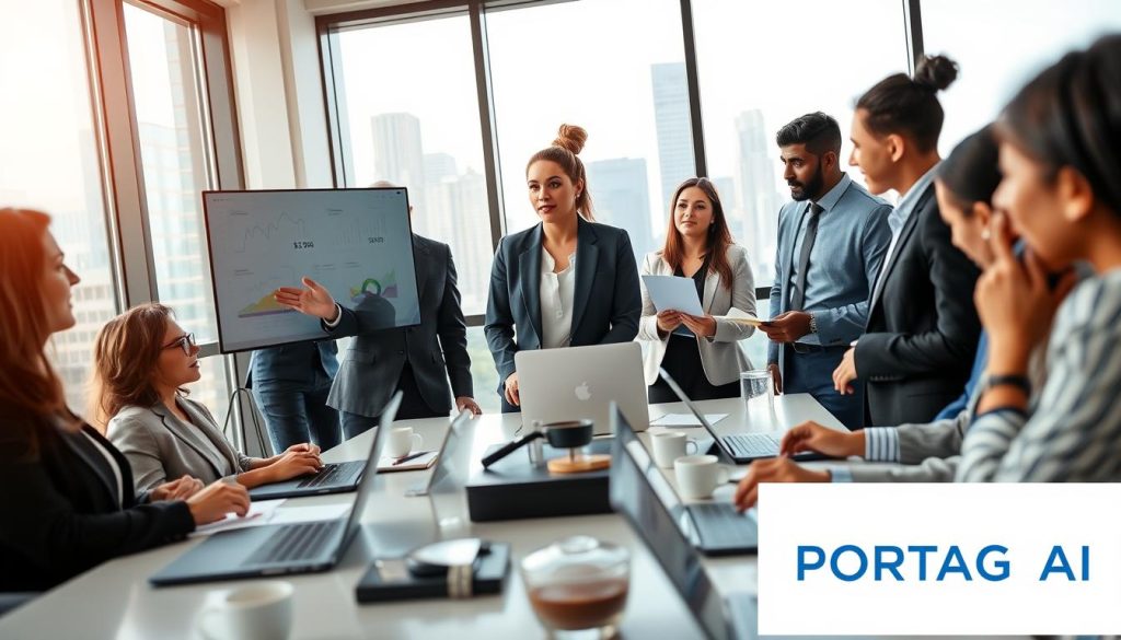 A dynamic and professional scene showcasing a group of diverse business professionals engaged in a collaborative meeting in a modern office environment. In the foreground, a confident woman in a tailored suit is presenting data on a digital screen, emphasizing her commercial competencies. Surrounding her, colleagues attentively take notes and discuss strategies, reflecting strong organizational skills. The middle ground includes a conference table with laptops, documents, and a coffee station, creating an inviting atmosphere. The background features large windows with a cityscape view, enhancing the professional setting. Bright, natural lighting illuminates the scene, conveyed through a wide-angle lens to capture the team spirit and determination. The overall mood is focused and inspiring, with an underlying sense of teamwork and ambition. Include a subtle branding element for "PORTAGE AI" in a tasteful manner.