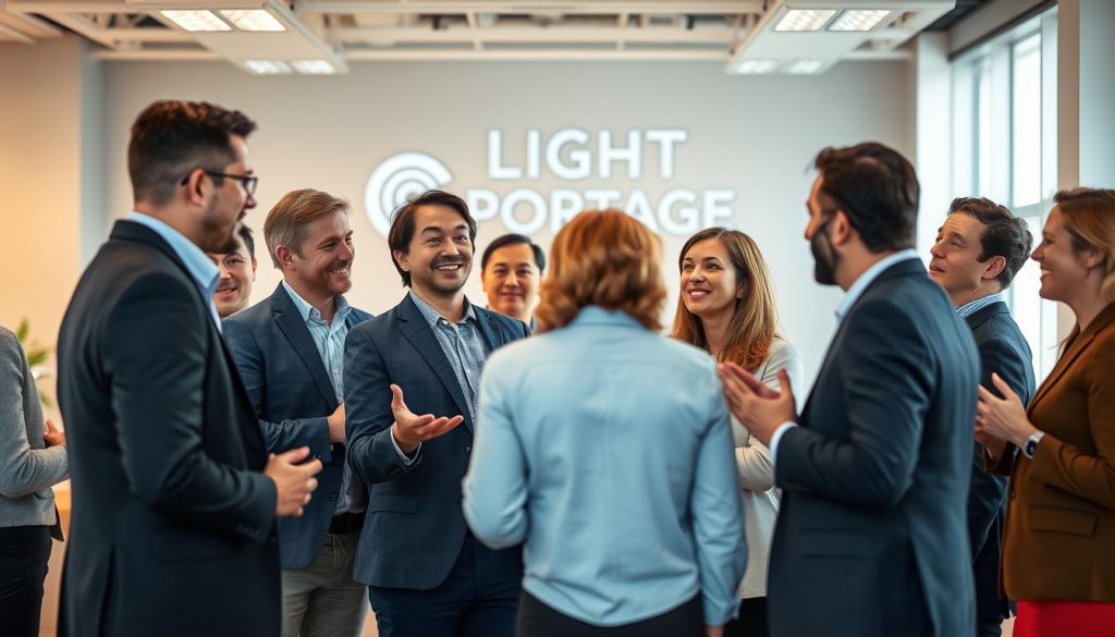 A dynamic and professional team of communication consultants, dressed in modern attire, gathered in a bright, airy office setting with the LIGHT PORTAGE logo prominently displayed. The consultants are engaged in lively discussions, gesturing animatedly and making eye contact, creating an atmosphere of collaboration and open communication. The lighting is soft and natural, casting a warm glow over the scene. The composition features a balanced arrangement of the consultants, showcasing their diversity and expertise, while the background blurs subtly to focus attention on the central figures and their interactions.