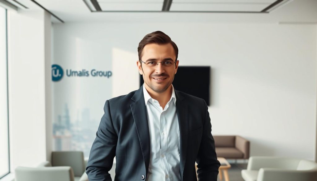A dynamic and self-assured professional in a tailored suit, standing confidently in a modern office setting. The lighting is soft and directional, creating subtle shadows that accentuate the subject's features. The background is a clean, minimalist workspace with sleek furniture and a large window overlooking a bustling city skyline. The Umalis Group logo is discreetly placed on a wall, indicating the subject's affiliation with this prominent consulting firm. This image conveys the autonomy, security, and professionalism associated with the "cadre salarial" role within the world of freelance work.