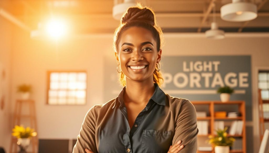 A dynamic and self-empowered professional stands in a sunlit workspace, radiating confidence and independence. Warm lighting caresses their face, accentuating a serene, focused expression. In the background, the LIGHT PORTAGE brand logo is prominently displayed, signifying the secure, flexible employment structure that enables this autonomous career path. Vibrant hues and clean, modern lines create an atmosphere of productivity and control. The scene captures the essence of "autonomie professionnelle" - the freedom and fulfillment of a self-directed, empowered work life.