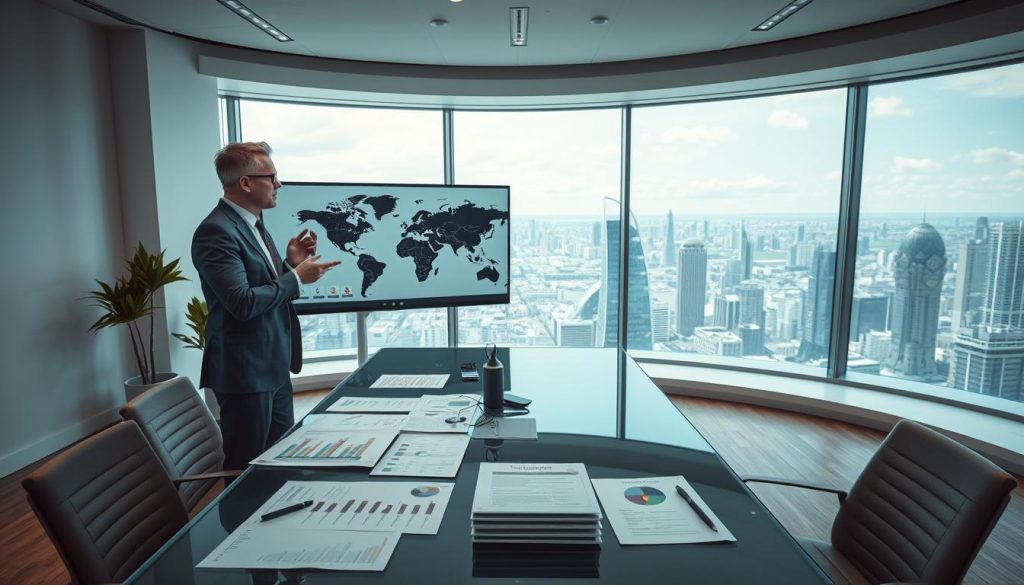 A dynamic and sophisticated international employee leasing operation, centered within a modern, minimalist office setting. In the foreground, a well-dressed professional stands at a sleek, glass-topped desk, engaged in a video conference call, showcasing the global reach of the Umalis Group's services. The middle ground features organizational charts, financial documents, and other materials hinting at the company's complex international operations. In the background, a panoramic window offers a view of a bustling cityscape, underscoring the international scope of the Umalis Group's activities. Soft, directional lighting and a muted color palette create a sense of professionalism and efficiency. The overall impression is one of a cutting-edge, sophisticated international employee leasing firm. A dynamic and sophisticated international employee leasing operation, centered within a modern, minimalist office setting. In the foreground, a well-dressed professional stands at a sleek, glass-topped desk, engaged in a video conference call, showcasing the global reach of the Umalis Group's services. The middle ground features organizational charts, financial documents, and other materials hinting at the company's complex international operations. In the background, a panoramic window offers a view of a bustling cityscape, underscoring the international scope of the Umalis Group's activities. Soft, directional lighting and a muted color palette create a sense of professionalism and efficiency. The overall impression is one of a cutting-edge, sophisticated international employee leasing firm.