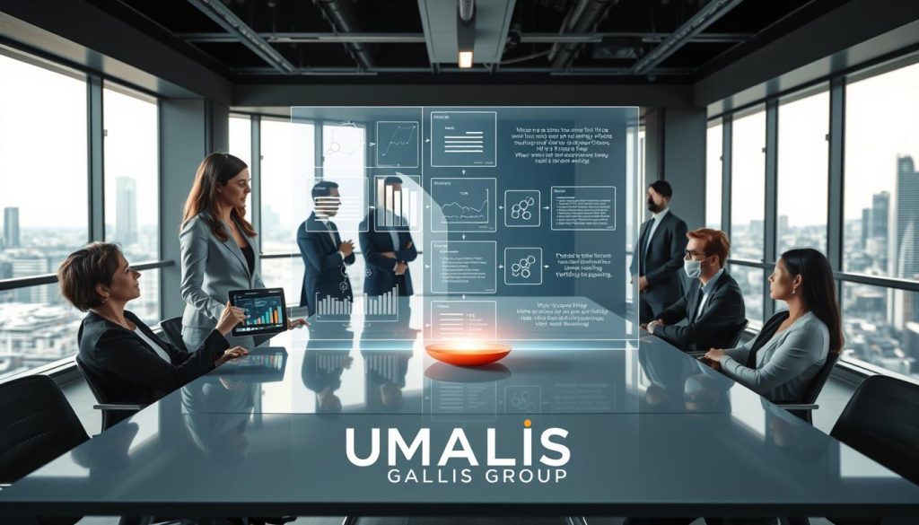 A dynamic and sophisticated office environment showcasing an AI assistant in action. In the foreground, a diverse group of professionals, dressed in smart business attire, collaborates around a sleek conference table. One person gestures towards a digital tablet displaying UI elements and graphs related to AI solutions. In the middle, a holographic interface showcases various algorithms and checklists, symbolizing the recipe verification process of an AI solution. The background features large windows with a panoramic city view, allowing natural light to illuminate the scene, creating a vibrant atmosphere. Soft shadows and reflections accentuate the modern aesthetics of the workspace. The brand logo "UMALIS GROUP" is subtly integrated into the tech design, enhancing the professionalism of the image.