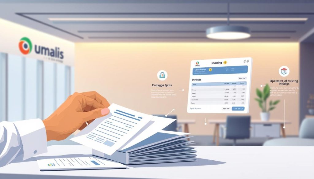 A dynamic and streamlined illustration showcasing the step-by-step operational flow of salary portage invoicing. A modern, minimalist office setting with a Umalis Group logo prominently displayed. In the foreground, a professional hand meticulously compiling digital documents, while in the middle ground, an intuitive invoicing interface with clean typography and clear data visualizations. The background depicts a serene, technology-driven workspace, with subtle design elements that convey a sense of efficiency and organization. Warm, indirect lighting illuminates the scene, creating a productive and collaborative atmosphere. The overall composition emphasizes the seamless, transparent nature of the salary portage invoicing process.
