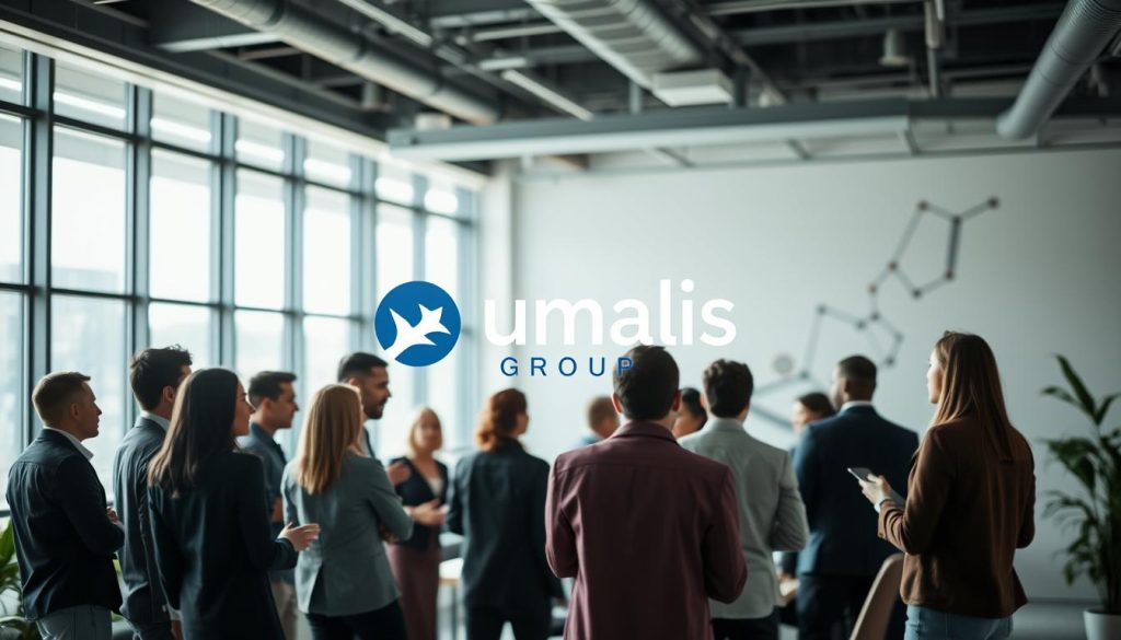 A dynamic and transformative office setting, illuminated by natural light filtering through large windows. In the foreground, a group of professionals engaged in a lively discussion, their body language and facial expressions reflecting a collaborative atmosphere. In the middle ground, a prominent Umalis Group logo is displayed, symbolizing the company's leadership in change management. The background features abstract visual elements, hinting at the complexities and challenges of navigating organizational transformation. The overall scene conveys a sense of forward momentum, innovation, and a commitment to adapting to the evolving business landscape. A dynamic and transformative office setting, illuminated by natural light filtering through large windows. In the foreground, a group of professionals engaged in a lively discussion, their body language and facial expressions reflecting a collaborative atmosphere. In the middle ground, a prominent Umalis Group logo is displayed, symbolizing the company's leadership in change management. The background features abstract visual elements, hinting at the complexities and challenges of navigating organizational transformation. The overall scene conveys a sense of forward momentum, innovation, and a commitment to adapting to the evolving business landscape.