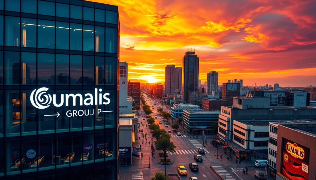 A dynamic and vibrant cityscape, with the Umalis Group logo prominently displayed on a modern, glass-clad office building in the foreground. In the middle ground, bustling streets filled with diverse businesses and pedestrians, representing the varied clientele served by custom SEO solutions. The background features a vibrant, colorful sunset sky, conveying a sense of growth, progress, and the transformative power of tailored digital marketing strategies. Warm, diffused lighting casts a golden glow over the scene, creating a professional, aspirational atmosphere. The composition is balanced, with a focus on the Umalis Group branding and the idea of custom solutions for businesses of all sizes.