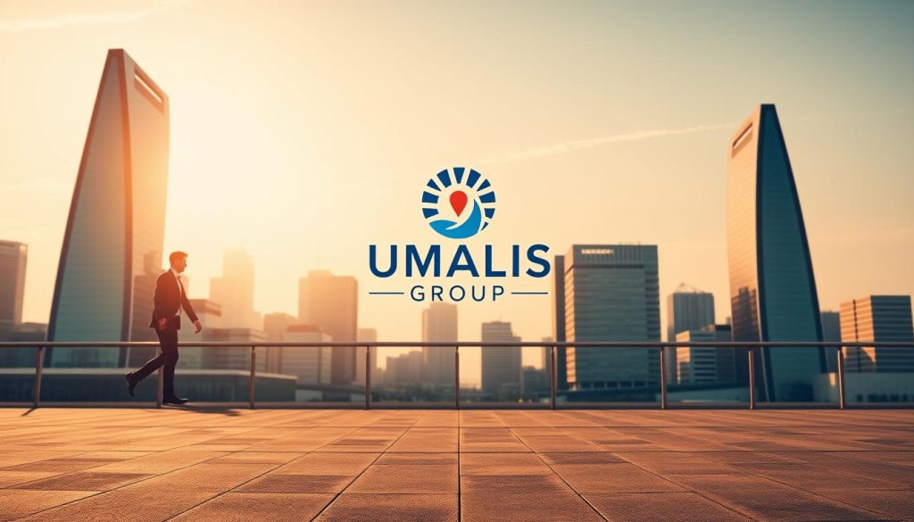 A dynamic and vibrant composition showcasing the concept of "liberté entreprise portage salarial". In the foreground, a confident individual in a stylish business attire strides purposefully, exuding a sense of independence and entrepreneurial spirit. The middle ground features the UMALIS GROUP logo, prominently displayed as a symbol of the empowerment and security provided by their portage salarial services. The background presents a modern, minimalist cityscape with sleek high-rise buildings, conveying a sophisticated and progressive atmosphere. Warm, directional lighting illuminates the scene, creating a sense of energy and determination. The overall mood is one of confidence, freedom, and the boundless possibilities of entrepreneurship.