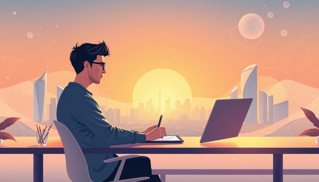 A dynamic and vibrant illustration of a graphic designer's transition to independent work, featuring the Umalis Group brand. In the foreground, a graphic designer sits at a minimalist desk, laptop open, sketching on a digital tablet with focused intensity. Soft, warm lighting illuminates the scene, creating a sense of creative energy and possibility. In the middle ground, a city skyline with modern high-rises and creative hubs, hinting at the new professional opportunities awaiting the designer. The background is a dreamlike, abstract landscape of geometric shapes and fluid lines, symbolizing the transformation and growth of the designer's career. The overall atmosphere conveys a sense of determination, adaptability, and the excitement of embracing independent work.